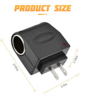 Plug And Go AC To DC Conversion Wall Outlet Adapter close up, measuring 2.95x2.2x1.18 inches, black ABS material.