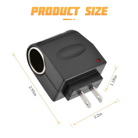 Plug And Go AC To DC Conversion Wall Outlet Adapter close up, measuring 2.95x2.2x1.18 inches, black ABS material.