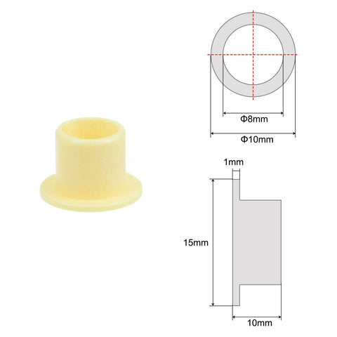 Heavy Duty Flanged Sleeve Bearings With 8mm Bore And 10mm Outer Diameter Self Lube Pom Bushings Built Tough For Slick Operation Oil Free Design Yellow 4 Piece Pack, showing dimensions and flared top.