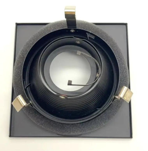 4" Low Voltage recessed Lighting Satin Stepped Baffle Black Trim showing inner details and square black trim design.