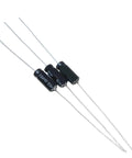 Set Of 10 Axial Polarized Electrolytic Capacitors 2.2uF 63V, 3.3uF 63V, 4.7uF 63V, 5x13mm For DIY Electronics Projects And Audio Gear, A Must For DIYers And Gearheads On Any Bench. Three black axial polarized electrolytic capacitors with long leads