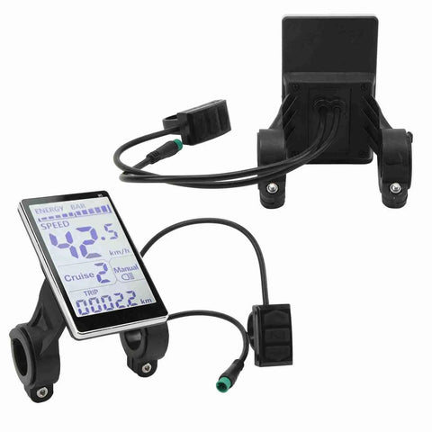 Electric Bike Display Screen Replacement 24V 36V 48V 60V LCD Meter For 31.8mm Or 22.2mm Mount, 5 Pin M5 Electric Bike Screen, ABS Scooter LCD Gauge, showing speed and trip data, back and front view