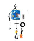 Remotely Controlled Portable Electric Winch Engine Hoist with remote, steel hook, and durable blue casing for lifting up to 500 kg.