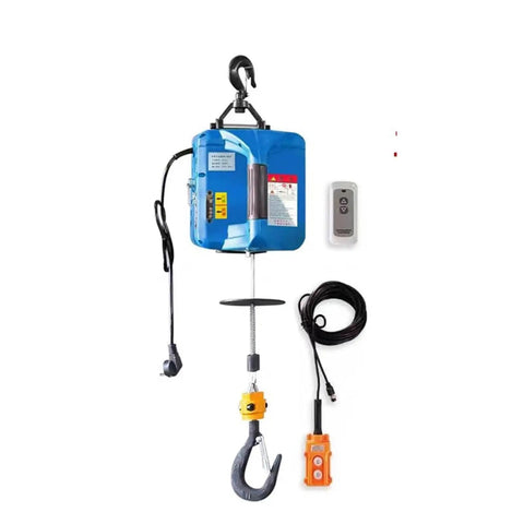Remotely Controlled Portable Electric Winch Engine Hoist with remote, steel hook, and durable blue casing for lifting up to 500 kg.