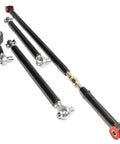 Rear Control Arm Kit With Adjustable Upper And Lower Arms And Panhard Bar For 2005 2014 Mustang S197 Chassis Upgrade Your Ride With Easy Alignment Stiffer Handling And Smooth Street To Track Performance. black steel adjustable rear control arms and panhard bar on white background