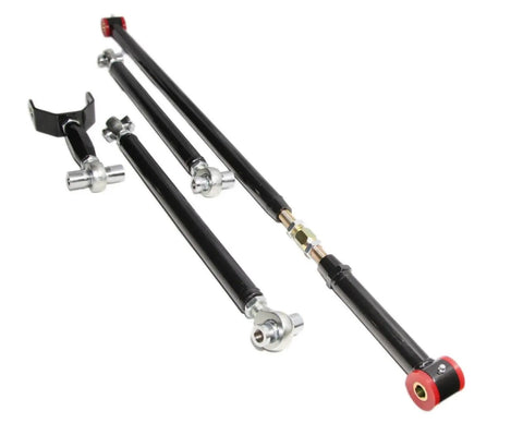 Rear Control Arm Kit With Adjustable Upper And Lower Arms And Panhard Bar For 2005 2014 Mustang S197 Chassis Upgrade Your Ride With Easy Alignment Stiffer Handling And Smooth Street To Track Performance. black steel adjustable rear control arms and panhard bar on white background