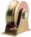 Rock Solid V Groove Caster Wheel Built Heavy To Glide Smooth On Barn Door Tracks Or Industrial Carts Featuring Rust Resistant 45 Steel Rollers. Side view of a heavy-duty steel caster wheel with dual bearings.