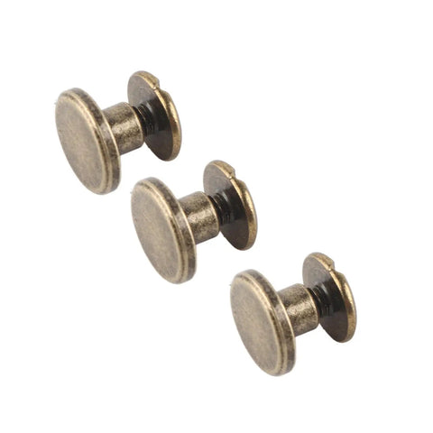Close-up of 8mm flat head copper brass screws, nuts, rivets set for leather craft and accessories DIY repair kit, 3 sets visible.
