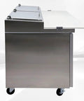 Built Tough Commercial Pizza Prep Table Refrigerator, 90 Inch Stainless Steel Workcounter, ETL Certified Fridge cooler with visible side view and mobile casters.