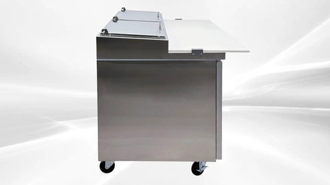Built Tough Commercial Pizza Prep Table Refrigerator, 90 Inch Stainless Steel Workcounter, ETL Certified Fridge cooler with visible side view and mobile casters.