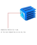 Easy No Fuss Passive Cooling Heatsink Kit With Thermal Conductive Tape For Stepper Driver Modules TMC2130 TMC2100 A4988 DRV8825 TMC2208 22 Piece Set showing blue anodized heatsink with thermal pad.