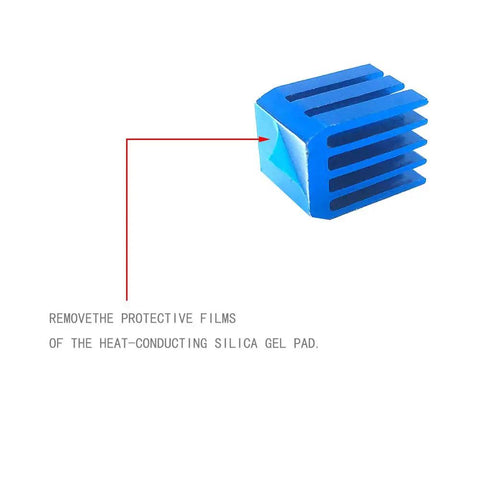 Easy No Fuss Passive Cooling Heatsink Kit With Thermal Conductive Tape For Stepper Driver Modules TMC2130 TMC2100 A4988 DRV8825 TMC2208 22 Piece Set showing blue anodized heatsink with thermal pad.