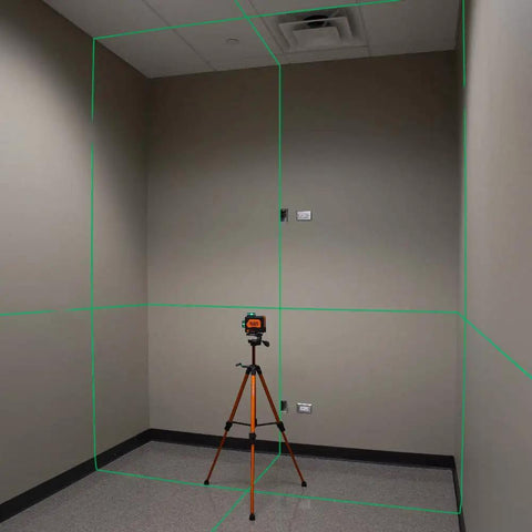 Lightweight Aluminum Tripod With Mount For Laser Levels And Tools Flexible And Stable On Uneven Terrain indoors with green laser lines