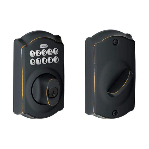 Aged Bronze Steel Electronic Deadbolt With Keypad And Inside Thumbturn For Secure Exterior Doors Easy Keyless Entry Or Keyed Access Includes Camelot Visual Pack For Smooth Code Entry And Keyway Turn Operation