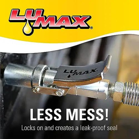 Heavy Duty Quick Release Grease Coupler XL for 1 8 NPT Fittings, Hands Free Latching, Easy Quick Connect, compact tool in use.