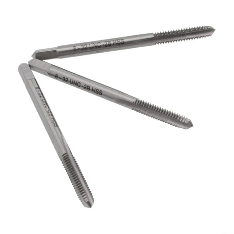 Three Piece 8 32 UNC Tap Set With 3 Flutes For Hand Threading displayed in a fan arrangement highlighting cutting edges.