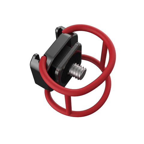 Beast Mode Hot Shoe Mount Adapter with Elastic Rubber Band Wraps around gimbal arms, black aluminum design with red rubber bands.