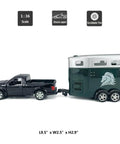 1/36 Scale Diecast Pickup Truck With Trailer And Horse Transporter Open Doors Farm Rig, black metal toy vehicle and green trailer