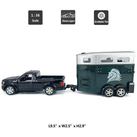1/36 Scale Diecast Pickup Truck With Trailer And Horse Transporter Open Doors Farm Rig, black metal toy vehicle and green trailer