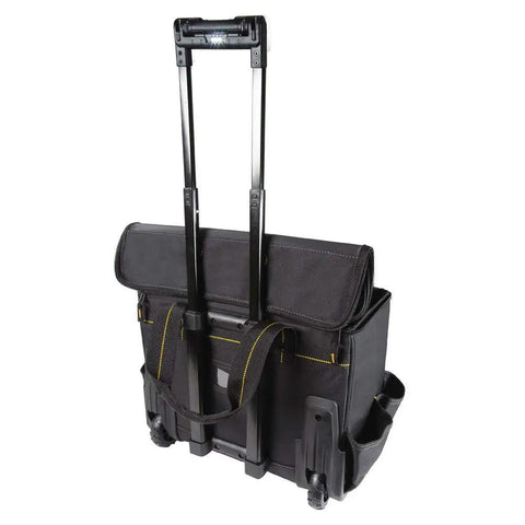 Back view of Lighted Roller Tool Bag With Built In LED Lights Heavy Duty Wheels Telescoping Handle Magnetic Folding Zipper Top