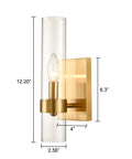 Brushed Gold Wall Sconce With Clear Glass Cylinder Shade 1 Light Modern Transitional Wall Light Fixture dimensions labeled