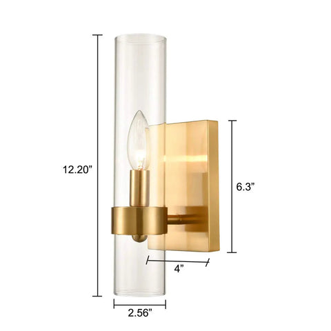 Brushed Gold Wall Sconce With Clear Glass Cylinder Shade 1 Light Modern Transitional Wall Light Fixture dimensions labeled