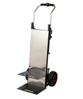 Super Slick Electric Stair Climber Cart That Folds Like A Champ With Massive Battery Life To Haul Heavy Cement Or Sand Up Stairs Without Breaking A Sweat At 550 Pounds Capacity Plus Smooth Motorized Grip For Any Tough Job, featuring a stainless steel frame and sturdy wheels.