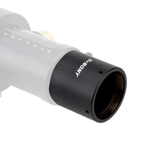 Close-up of 2 Inch Extension Tube For Telescopes SV158 Back Focus Travel 55mm Optical Length 90mm Total Length in black.