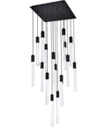 Modern 16 Light Ceiling Pendant With Heavy Duty Black Metal Frame And Crisp Crystal Drops, showcasing clear crystal rods and black accents.
