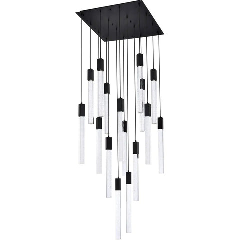 Modern 16 Light Ceiling Pendant With Heavy Duty Black Metal Frame And Crisp Crystal Drops, showcasing clear crystal rods and black accents.