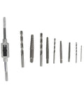 Premium 11 Piece Broken Screw Extractor Set With High Speed Steel Drill Bits And Tap Handle To Bust Stripped Rusted Bolts And Fasteners Using Left Hand Spiral Flute Tools For Any Tough Fix It Job, 11-piece set on white