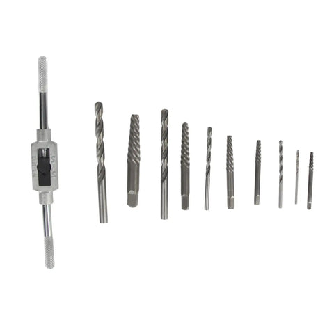 Premium 11 Piece Broken Screw Extractor Set With High Speed Steel Drill Bits And Tap Handle To Bust Stripped Rusted Bolts And Fasteners Using Left Hand Spiral Flute Tools For Any Tough Fix It Job, 11-piece set on white