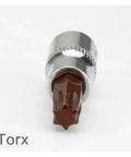 Torx bit socket close-up, Cool 21 Piece Torx Star Bit Socket Kit With Hex Ratchet Wrench For Tightening Bolts That Are Rusty Or Stubborn Perfect For Narrow Spaces And Heavy Duty Auto Repair Jobs Without Any Bending Crack Issues.