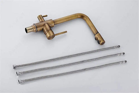 360-Degree Rotating Antique Bronze Kitchen Faucet Water Purifier 3-Way Dual Filter Tap with supply lines.