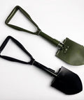 Green and black Tri Fold Survival Shovel With Pick Carbon Steel Tactical Entrenching Tool for snow gardening on white background.