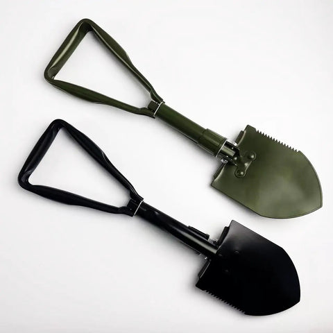 Green and black Tri Fold Survival Shovel With Pick Carbon Steel Tactical Entrenching Tool for snow gardening on white background.