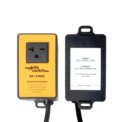 Wireless Remote Start Switch For Dust Collector 220V Starter Outlet With Battery Included Control Your Dust Collector From Anywhere In The Workshop For Quick On Off Convenience No Fuss Setup, close-up of outlet and specifications