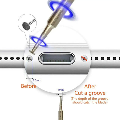 Rechargeable Broken Screw Extractor Kit Featuring Four Precision Grinding Heads For Stripped iPhone And Laptop Repair Tools Portable Electronics Fixing Collection No Sweat Straight Up Game Changer showing groove depth for effective screw extraction.
