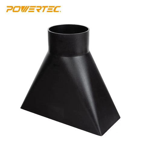 A Darn Nice Rectangular Dust Hood Packing No Sweat Four Inch Tapered Collar And Broad Ten Inch Baffle Plate For Rapid Tableside Workshop Dust Collection Workstation, black ABS tapered dust hood.