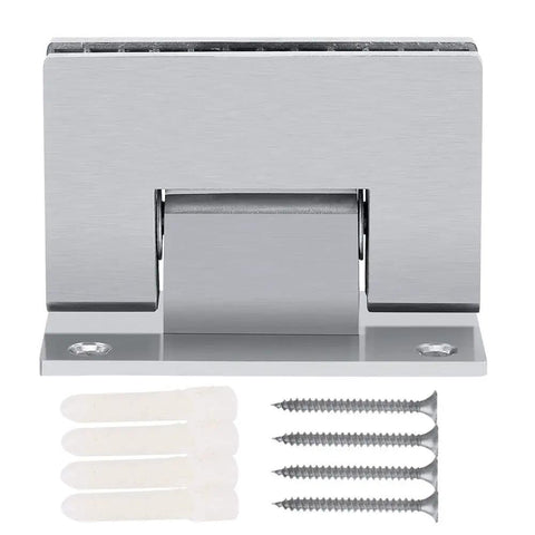 Frameless Shower Door Hinge For 8-10mm Glass Heavy Duty Brushed Stainless Steel Wall Mount Bracket 90 Degree Auto Close Fits Doors Up To 800mm Wide Dope Upgrade For Modern Bathrooms, front view with screws