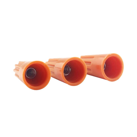 Three orange wire caps from 700 Piece Electrical Wire Connectors Kit With Easy Screw In Nuts And Springs Orange Insulated Wire Caps For Quick No Fuss Safe Snug Splices And Fast Electrical Connections.
