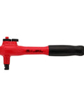 Side view of Insulated Three Eighths Inch Drive Ratchet With Seven And A Half Inch Reach, Red Over Yellow Grips, Black Handle.