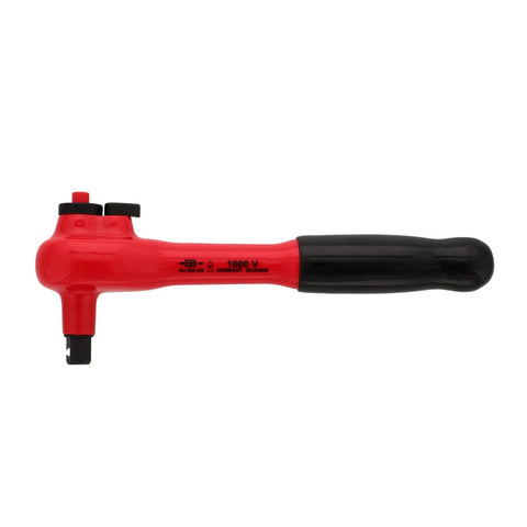 Side view of Insulated Three Eighths Inch Drive Ratchet With Seven And A Half Inch Reach, Red Over Yellow Grips, Black Handle.