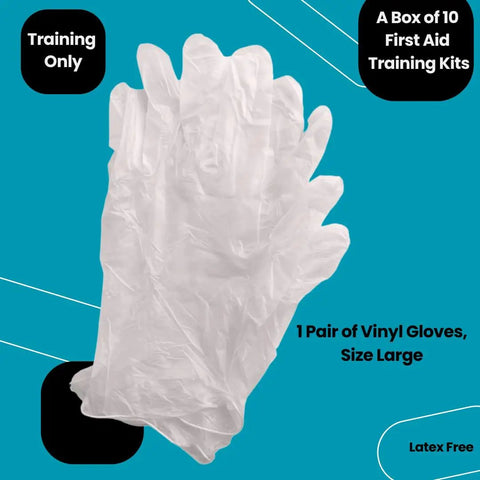 Box Of 10 Basic First Aid Training Kits With Gauze Roll And Gauze Pads, Large Vinyl Gloves For Classroom Or Workplace Safety Training And Grab And Go Injury Response showing white large vinyl gloves
