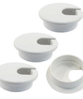 Four Pack Two Inch White Desk Grommets For Dope Cable Management And Hella Neat Workspace Setup Featuring Sturdy Abs Plastic Cord Pass Through Covers.