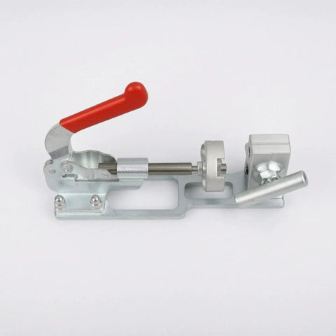 Heavy Duty Vehicle Connector Pipe Press Clamping Tool With Adjustable Bench Vise Block And Lever Mechanism Metal Structure, side view.