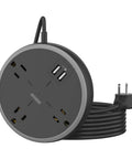 Round power strip with 10 Foot Flat Plug Extension Cord With USB Port, three outlets, two USB ports, black design