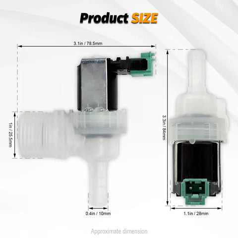 OEM Dishwasher Water Inlet Valve 628334 00628334 Replacement shown with measurements, compatible with select models.