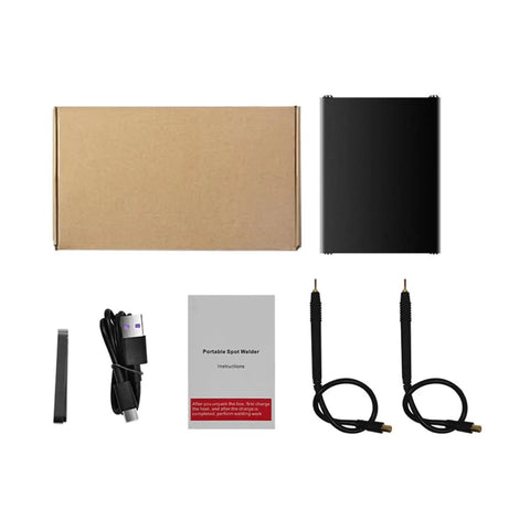 9 Speed Adjustable Portable DIY Spot Welding Kit With Quick Release Pen, black welder box, cables, and instructions