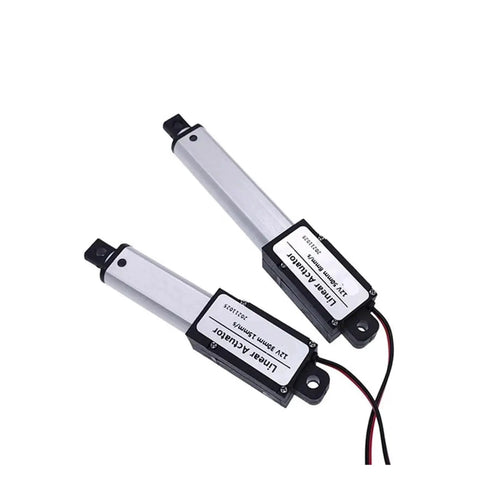 Heavy Duty 12V Electric Linear Actuator With 30N 60N Or 100N Thrust, 30mm Or 50mm Stroke, Quiet Geared DC Motor, Short Circuit Protected, Built To Last, Compact Durable Unit For Home Automation, Furniture Lifts And Medical Equipment, shown with wiring and mounting tabs